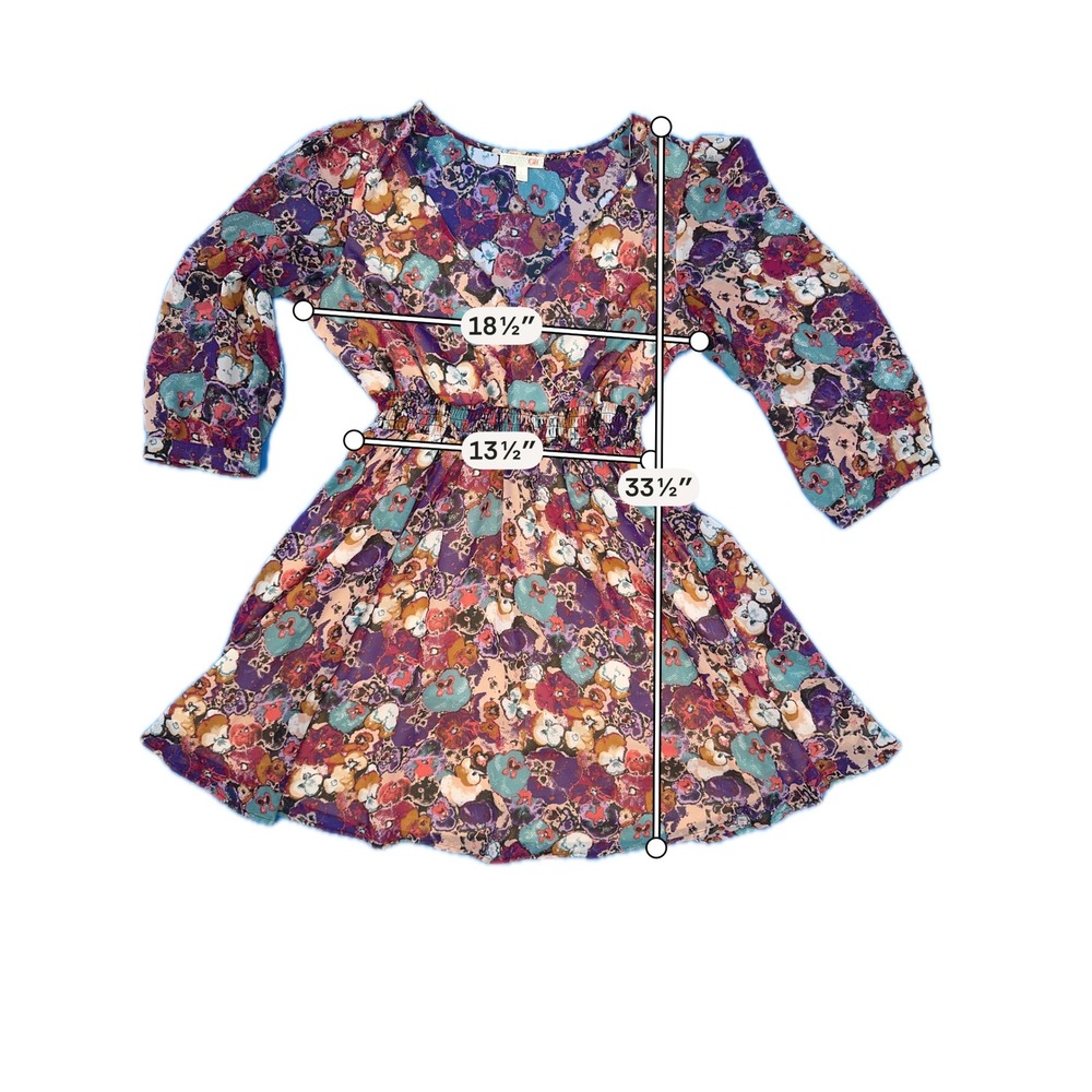 GB Women Purple Floral Chiffon Smocked Waist V-Neck Mini Dress GB7330HMC Large - Picture 7 of 7